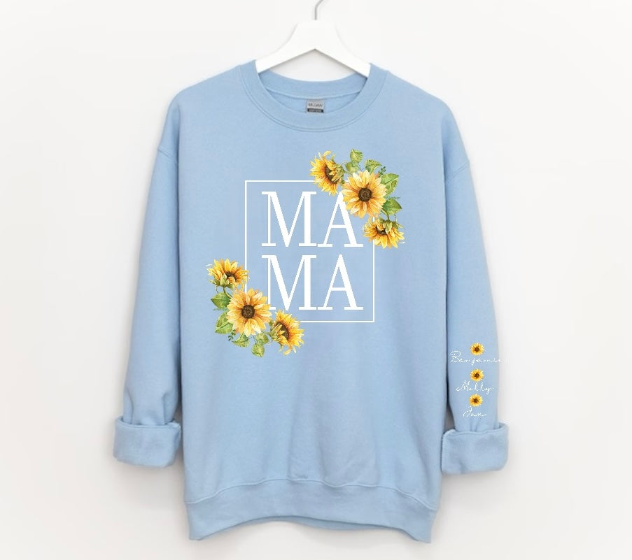 Sunflower Mama Sweatshirt with children’s name on sleeve Hippo Boutique