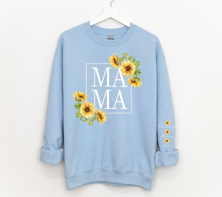 Sunflower Mama Sweatshirt with children’s name on sleeve Hippo Boutique