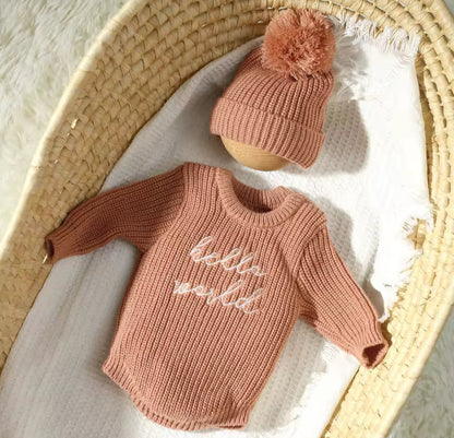 Newborn Baby Knit Bodysuit with Knitted Hat Hippo Boutique