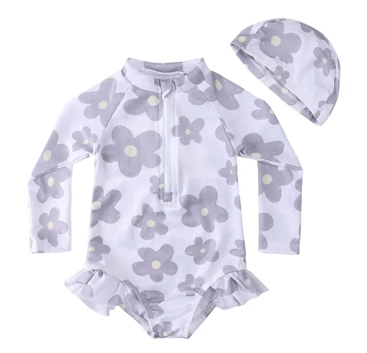 Baby Girl Floral & Moons One Piece Rash Guard Swimsuit Hippo Boutique