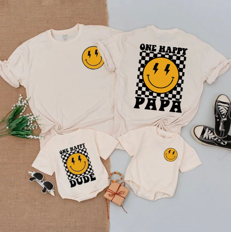 Personalized One Happy Dude Matching mama and papa Family Shirts & Romper Hippo Boutique