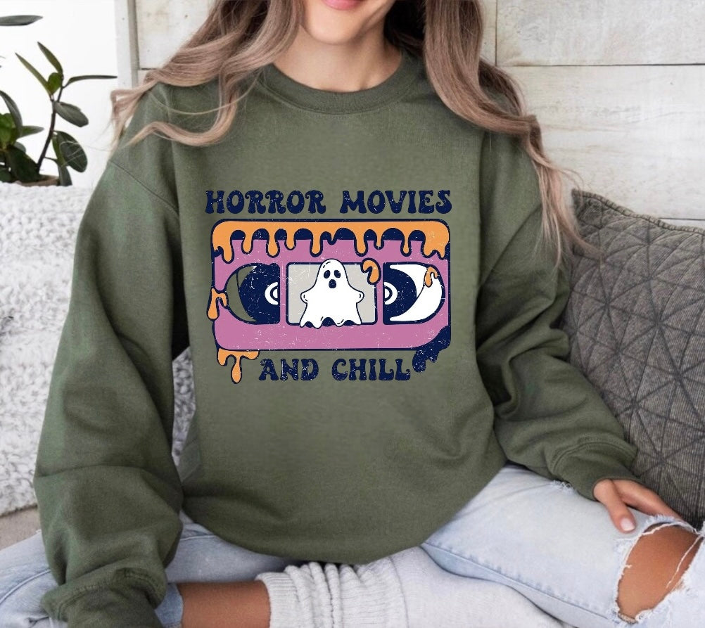 Halloween Horror Movies and Chill Women’s fleece crewneck Sweatshirts Hippo Boutique