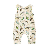 Handmade organic sleeveless baby romper with colorful fish print, soft Canadian cotton fabric, comfortable fit. - Fish Print Sleeveless Romper