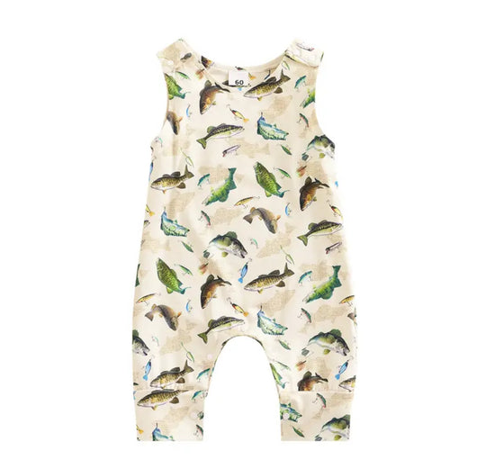 Handmade organic sleeveless baby romper with colorful fish print, soft Canadian cotton fabric, comfortable fit. - Fish Print Sleeveless Romper