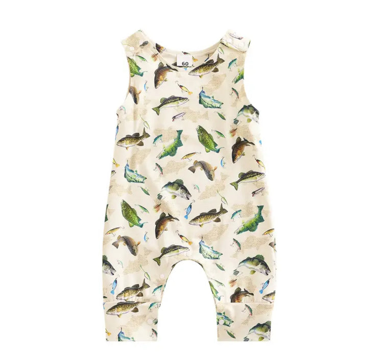 Handmade organic sleeveless baby romper with colorful fish print, soft Canadian cotton fabric, comfortable fit. - Fish Print Sleeveless Romper