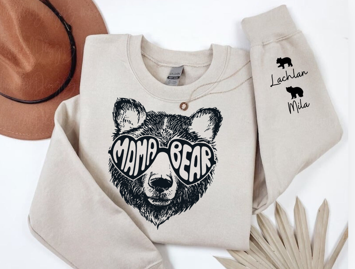 Custom Mama Bear Sweatshirt with children’s name on sleeve Hippo Boutique