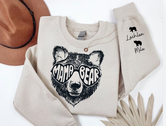 Custom Mama Bear Sweatshirt with children’s name on sleeve Hippo Boutique