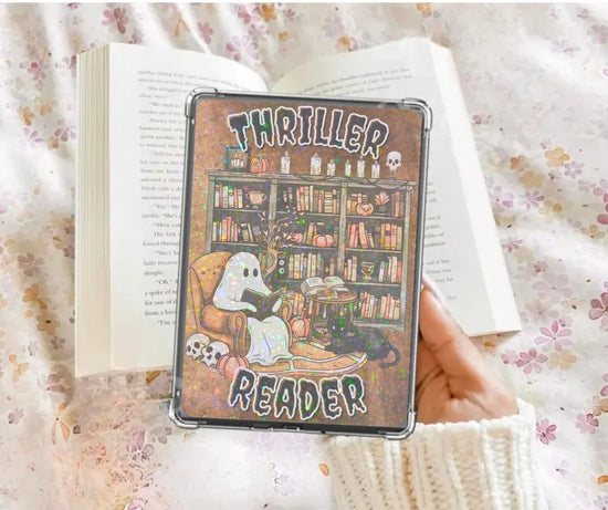 Handmade Kindle insert with cute ghost and bookshelf design, “Thriller Reader” text, cozy bookish style. - Kindle Insert - Cute Thriller Reader Ghost
