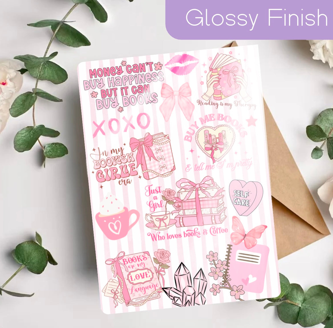 Pink Kindle insert with handwritten-style romantic doodles and phrases, glossy finish, cute and cozy design. - Kindle Insert - Pink Romance