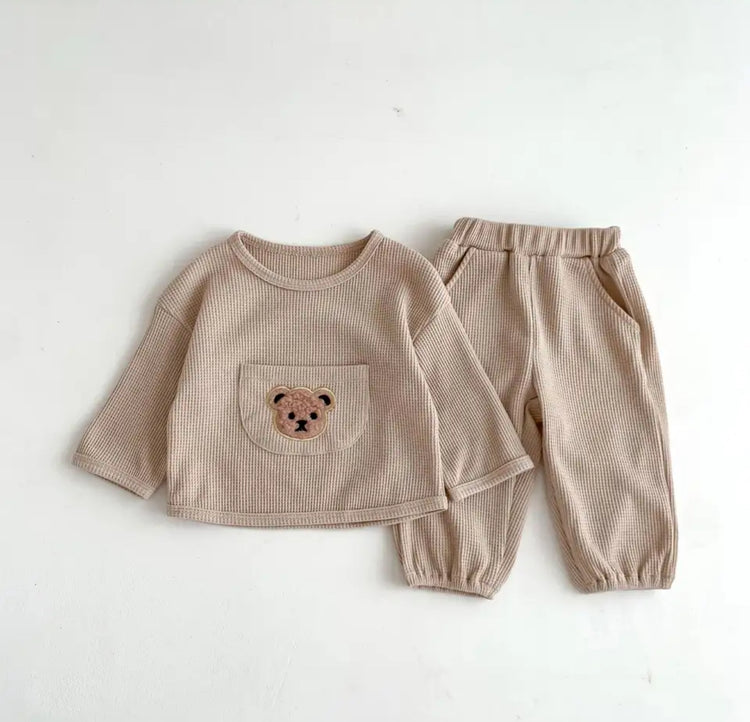 Teddy Bear Waffle Knit Sweatshirt & Pants Set Hippo Boutique