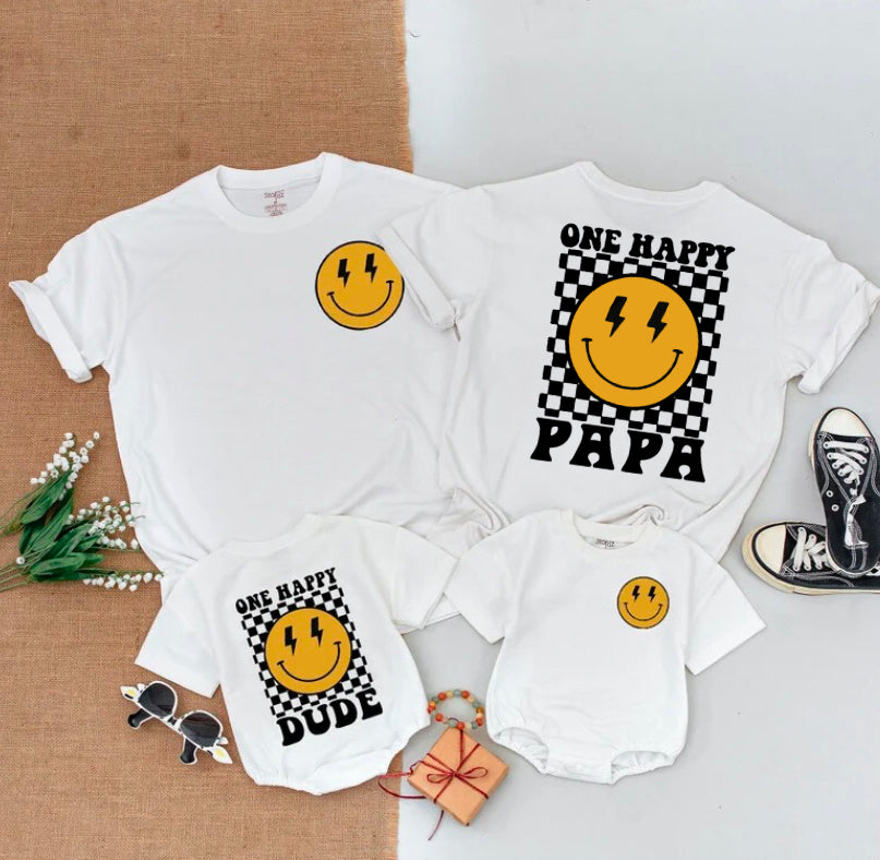 Personalized One Happy Dude Matching mama and papa Family Shirts & Romper Hippo Boutique
