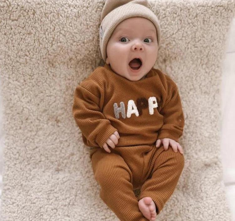 Happy Waffle Knit Baby & Kids Outfit Hippo Boutique