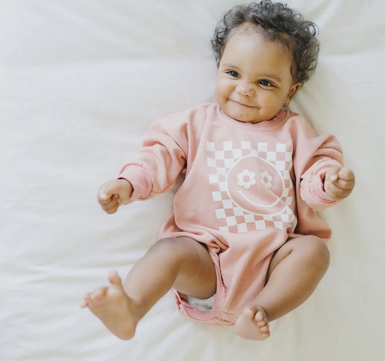 Checkered Smile Retro French Terry Baby Sweatshirt Romper Hippo Boutique
