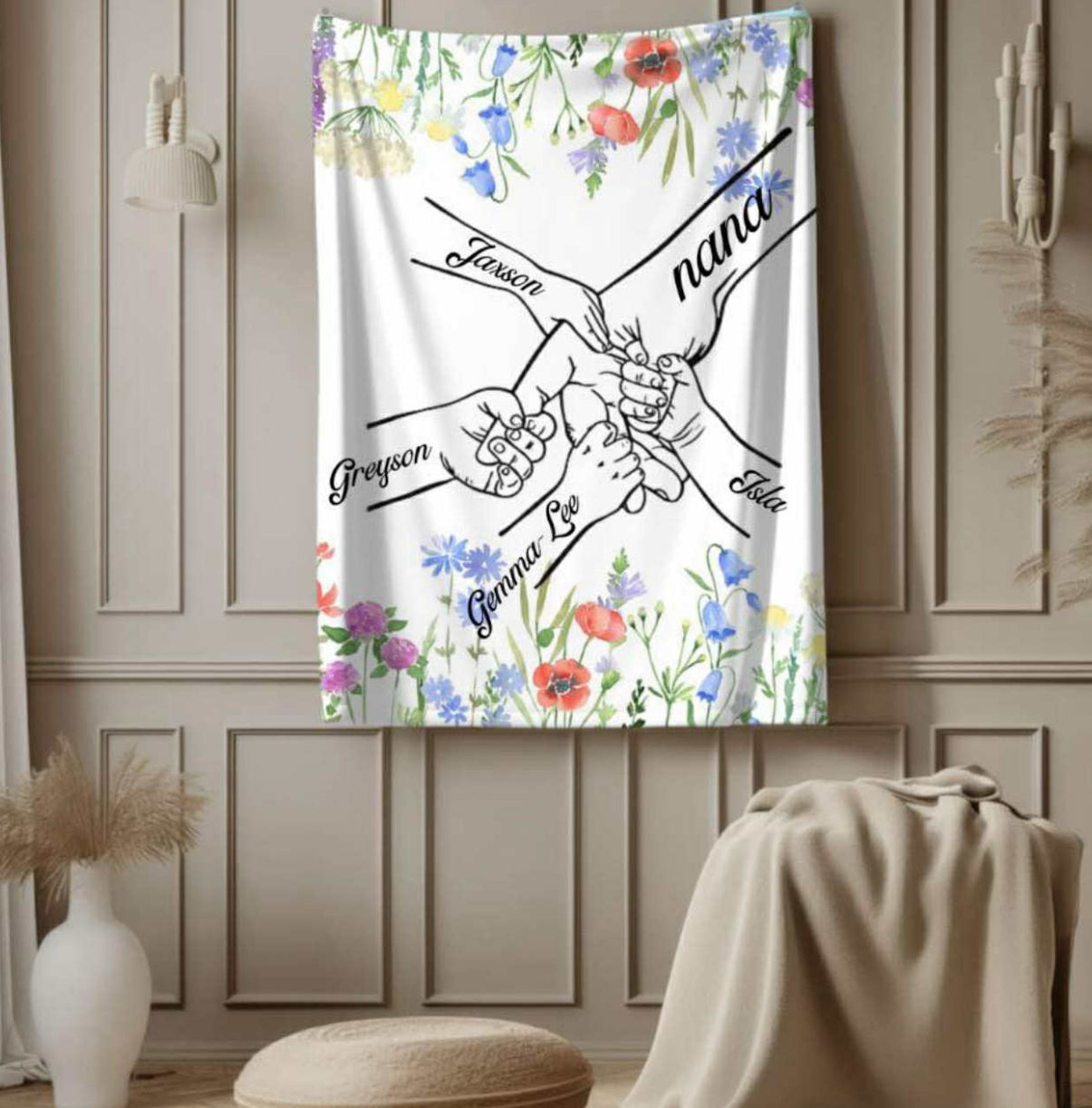 Personalized Floral Nana Blanket with kids names Hippo Boutique