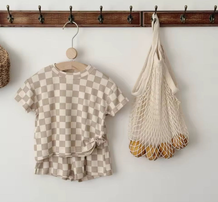 Sand Checkered T-Shirt & Shorts outfit Hippo Boutique