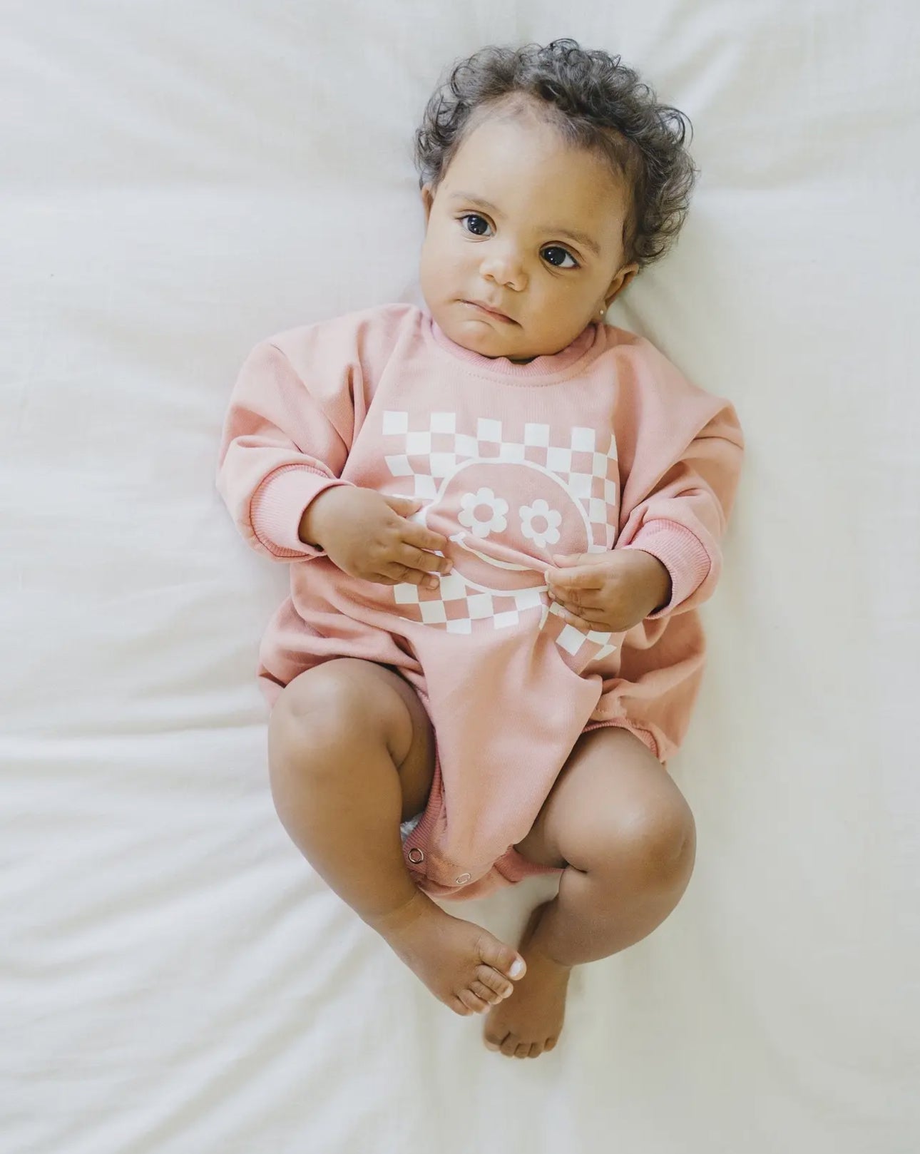 Checkered Smile Retro French Terry Baby Sweatshirt Romper Hippo Boutique