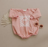 Checkered Smile Retro French Terry Baby Sweatshirt Romper Hippo Boutique