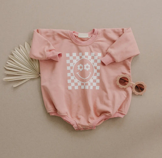 Checkered Smile Retro French Terry Baby Sweatshirt Romper Hippo Boutique