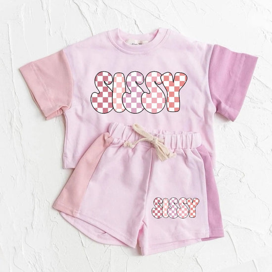 Checkered Sissy Baby and Kids cotton color block t-shirt & shorts outfit Hippo Boutique