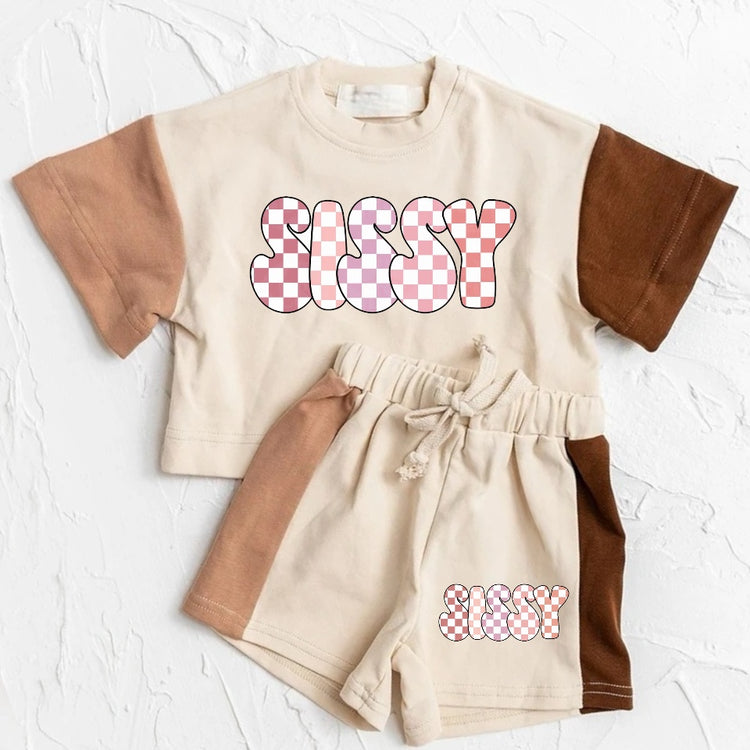 Checkered Sissy Baby and Kids cotton color block t-shirt & shorts outfit Hippo Boutique