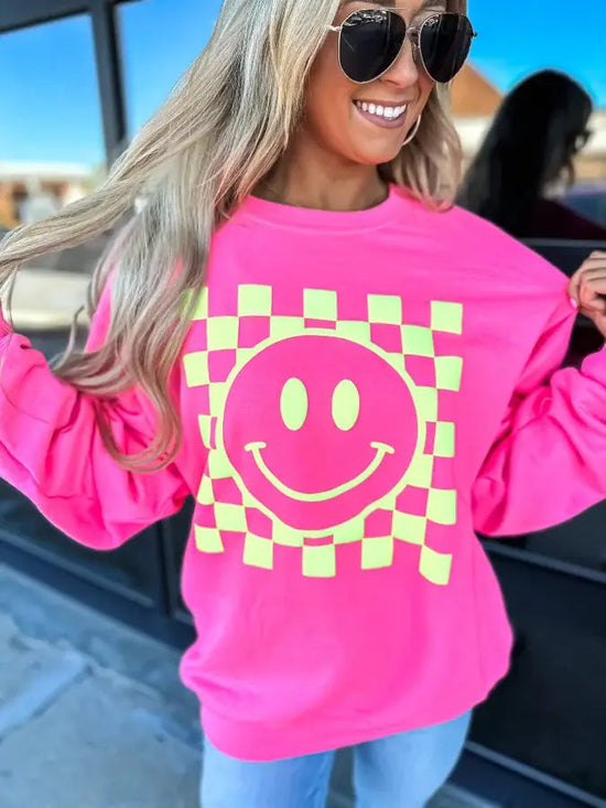 Neon Pink Checkered Smiley Sweatshirts Hippo Boutique