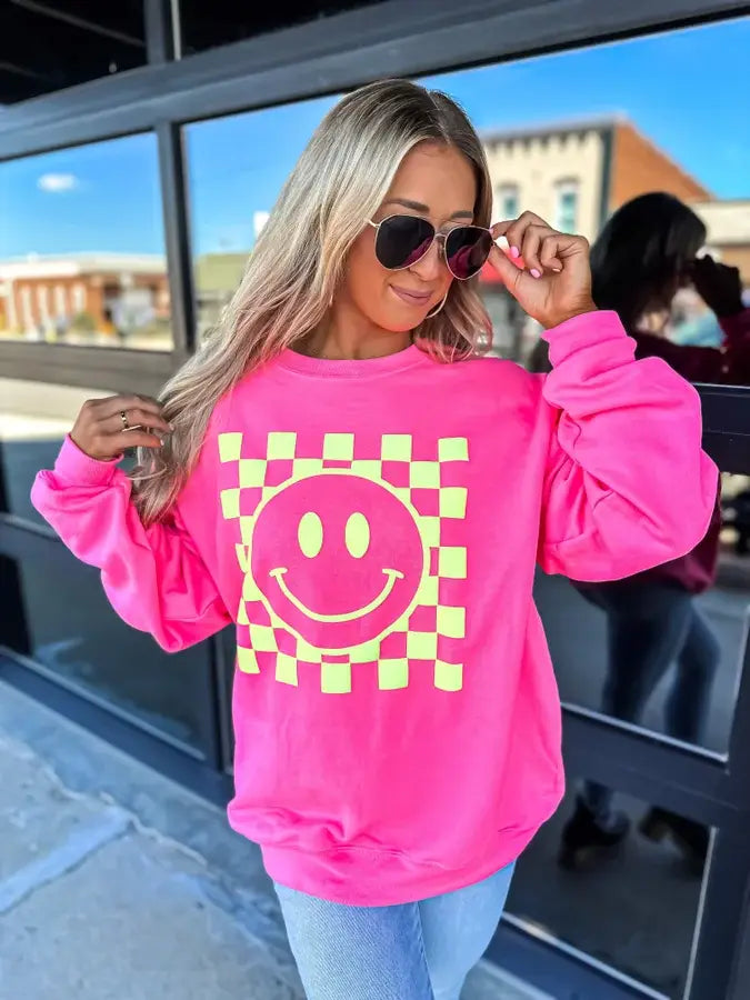 Neon Pink Checkered Smiley Sweatshirts Hippo Boutique