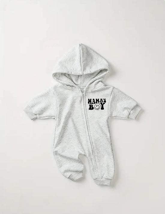 Mama’s Boy Hooded Romper Zip Up Bodysuit Hippo Boutique