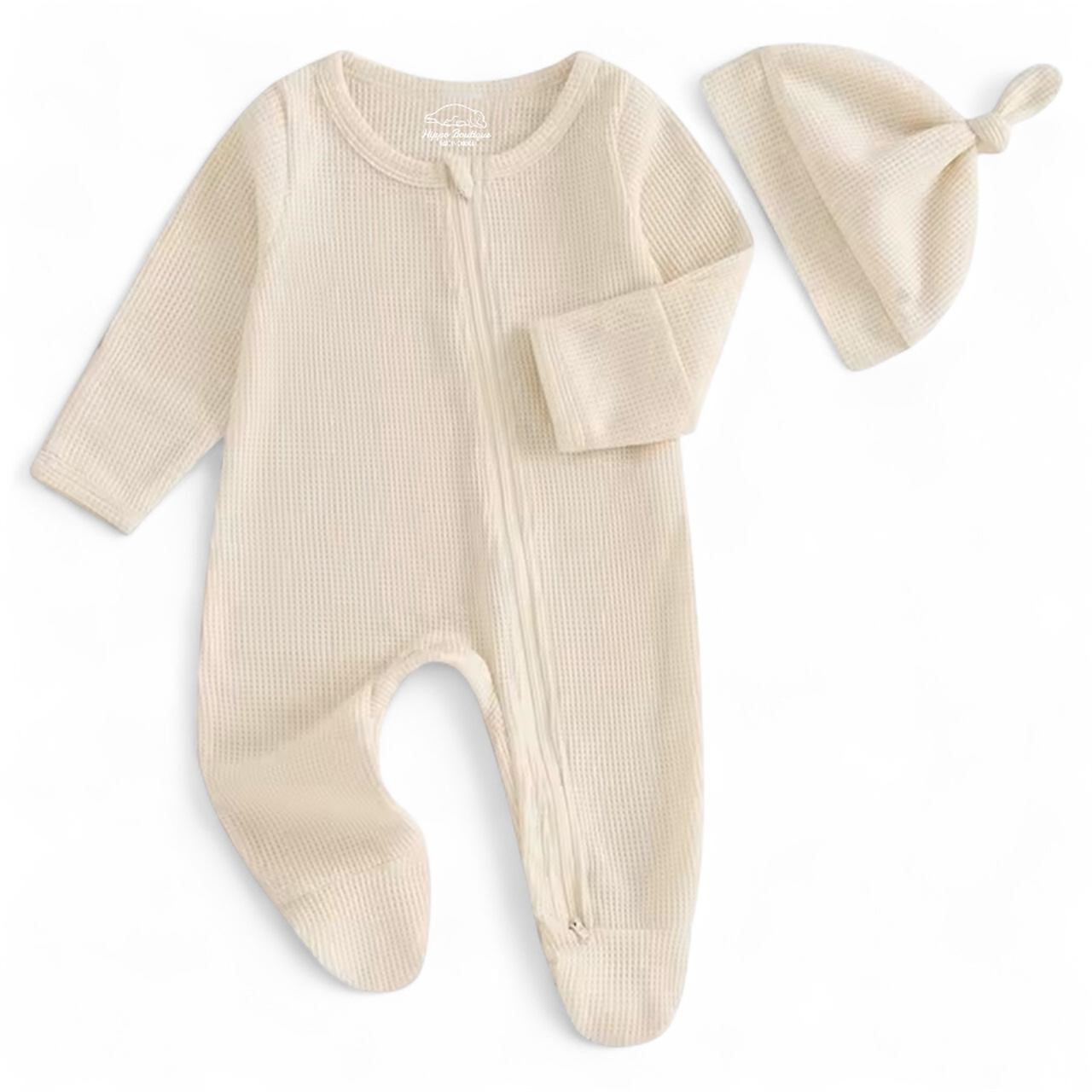 Organic Newborn Waffle Baby Footie Bodysuit with hat Hippo Boutique