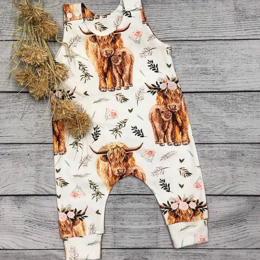 Highland Cow Print Sleeveless Baby Romper Hippo Boutique