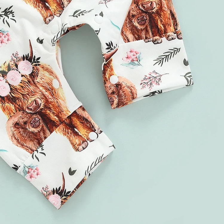 Highland Cow Print Sleeveless Baby Romper Hippo Boutique