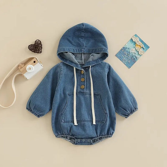 Baby Hooded Denim Romper Hippo Boutique