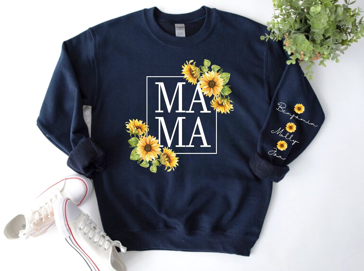 Sunflower Mama Sweatshirt with children’s name on sleeve Hippo Boutique