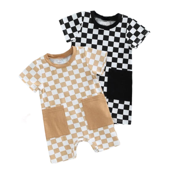Baby boy and toddler girl and boy checkered retro shorts romper jumpsuit bodysuit black and beige with pockets handmade baby boutique clothes 