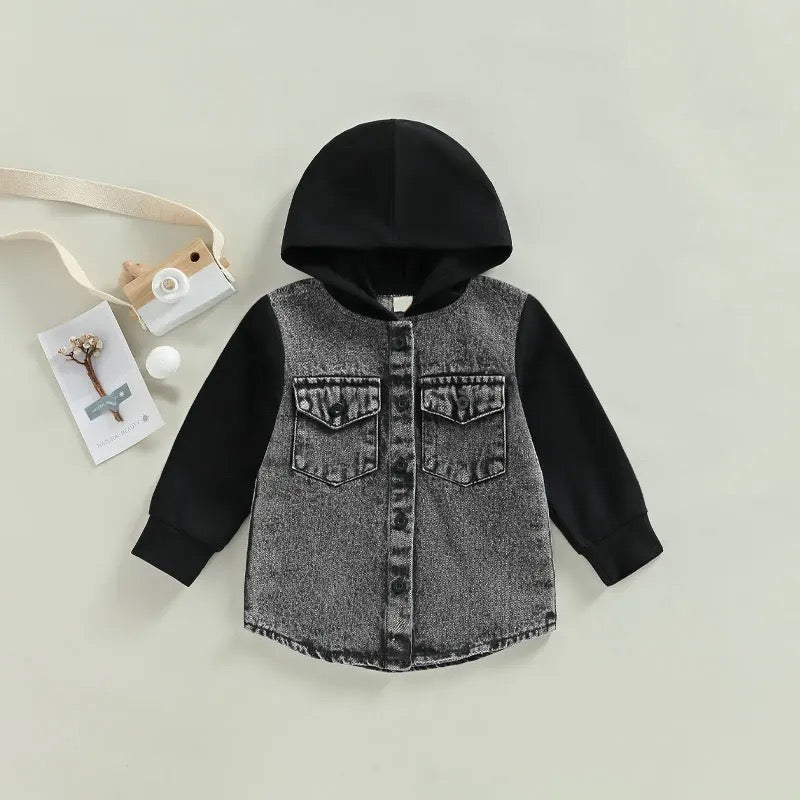 Mialoley Kid Boy Coat Long Sleeve Hooded Pockets Buttons Patch Color Cardigan Party Casual Coat Black