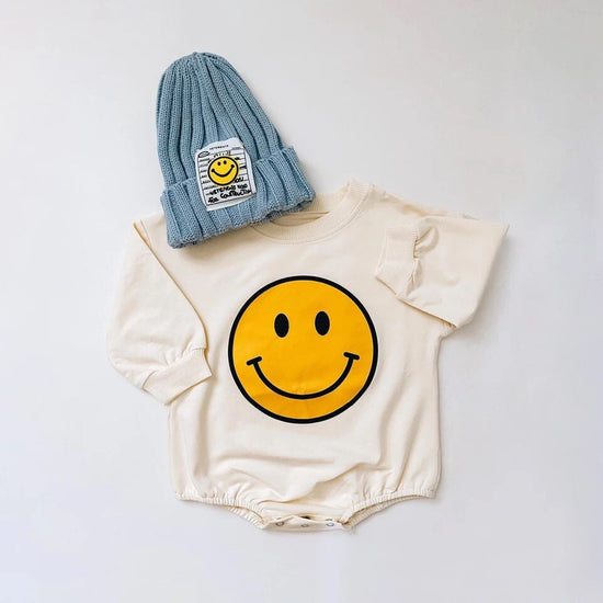 Sweatshirt ROMPERS, SMILEY FACE Print, Infant Sweater, Cute Retro Smiley Face Printed Oversized Baby Crewneck Romper/Sweatshirt/gift/shower/
