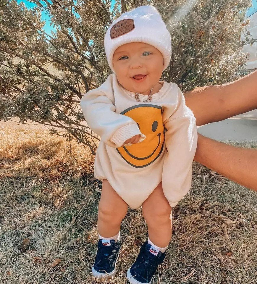 Sweatshirt ROMPERS, SMILEY FACE Print, Infant Sweater, Cute Retro Smiley Face Printed Oversized Baby Crewneck Romper/Sweatshirt/gift/shower/