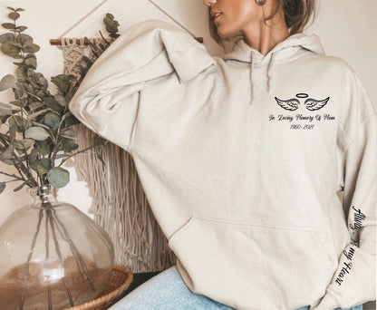 In loving memory of with name date and quote on the sleeve hoodie/sweatshirt/rip/loss/memorial/memory/gift/women/men/unisex/gift/clothes/