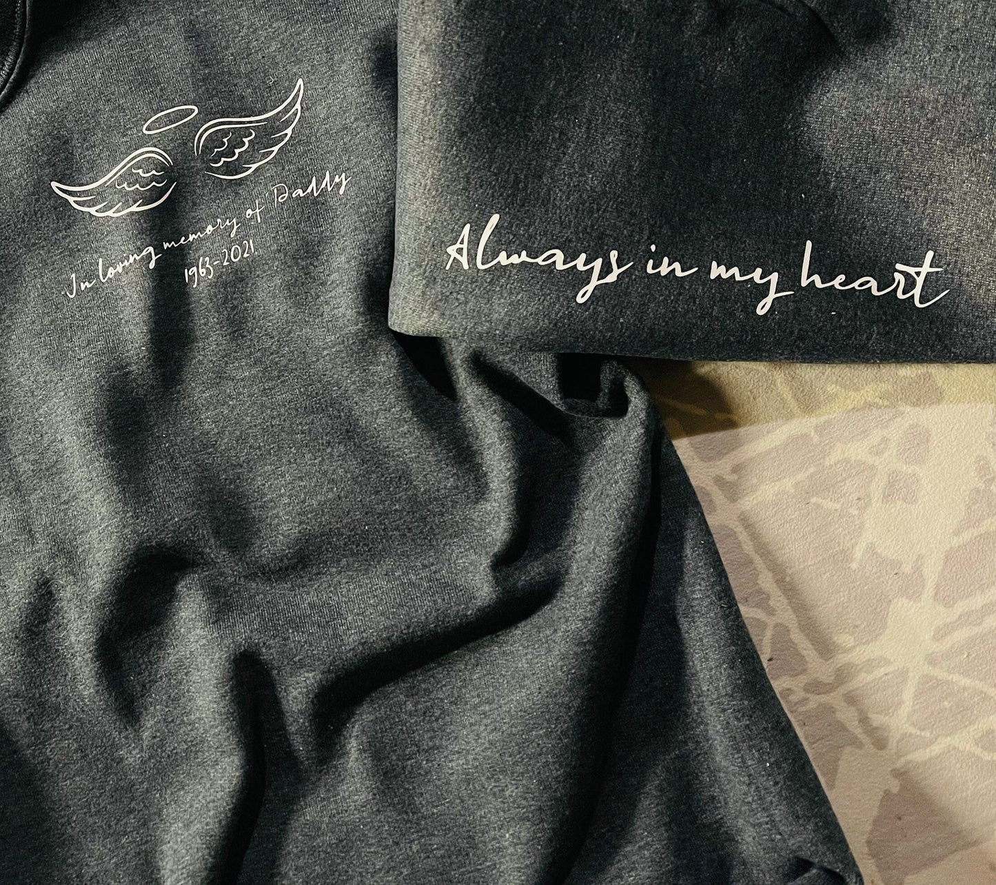 In loving memory of with name date and quote on the sleeve hoodie/sweatshirt/rip/loss/memorial/memory/gift/women/men/unisex/gift/clothes/