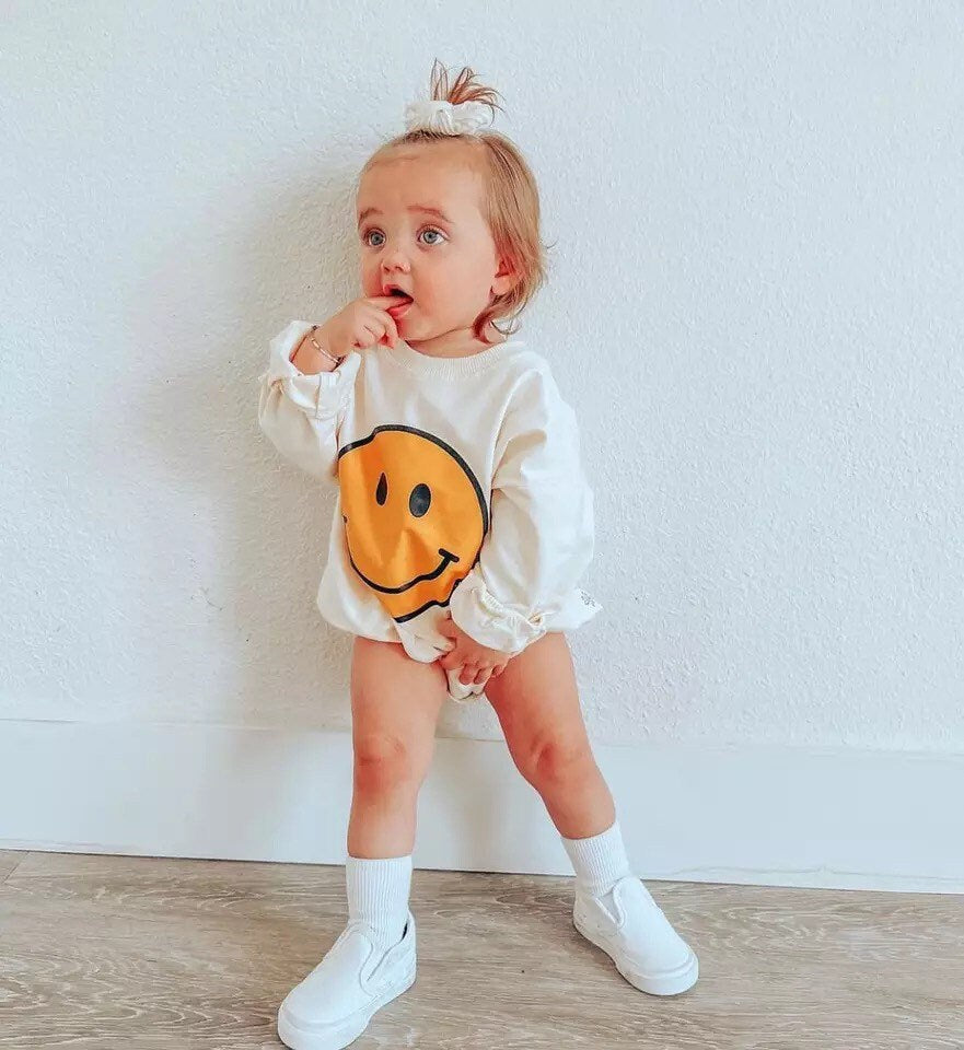 Sweatshirt ROMPERS, SMILEY FACE Print, Infant Sweater, Cute Retro Smiley Face Printed Oversized Baby Crewneck Romper/Sweatshirt/gift/shower/
