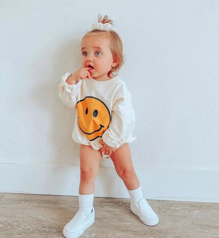Sweatshirt ROMPERS, SMILEY FACE Print, Infant Sweater, Cute Retro Smiley Face Printed Oversized Baby Crewneck Romper/Sweatshirt/gift/shower/