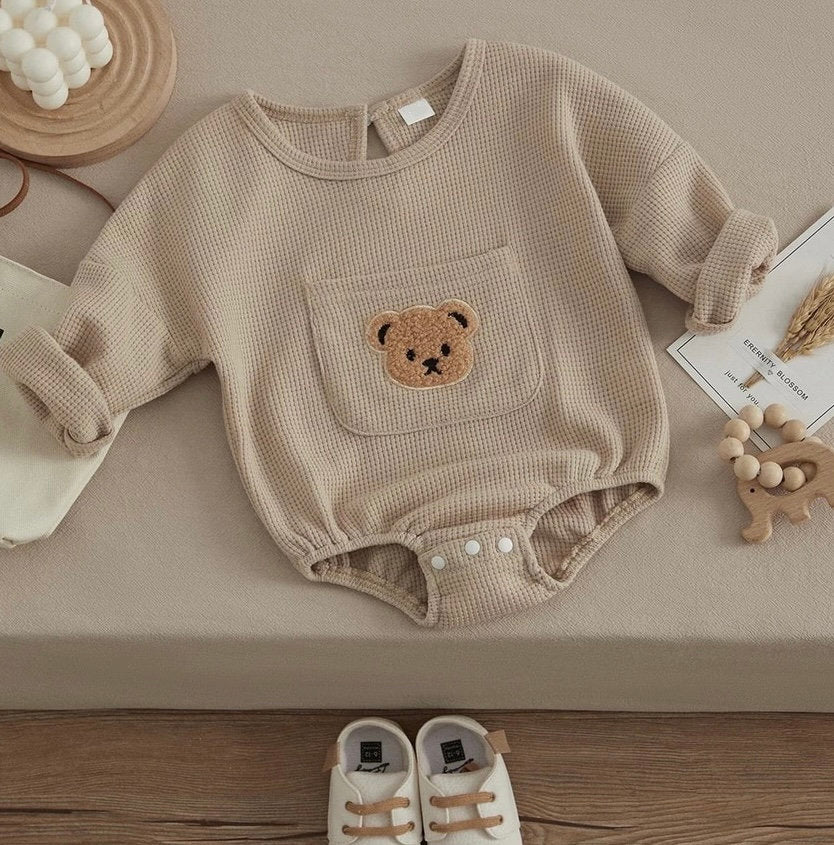 Waffle Knit Bear Baby Oversized Sweatshirt Romper Bodysuit/baby clothes/baby romper/baby sweatshirt/baby gift/baby shower/baby sweater/kids