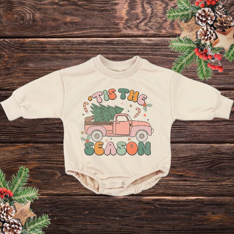 Tis The Season Retro Christmas Baby Oversized Sweatshirt Romper / baby boy / bodysuit / onesie / baby clothes / baby crew / baby girl gift