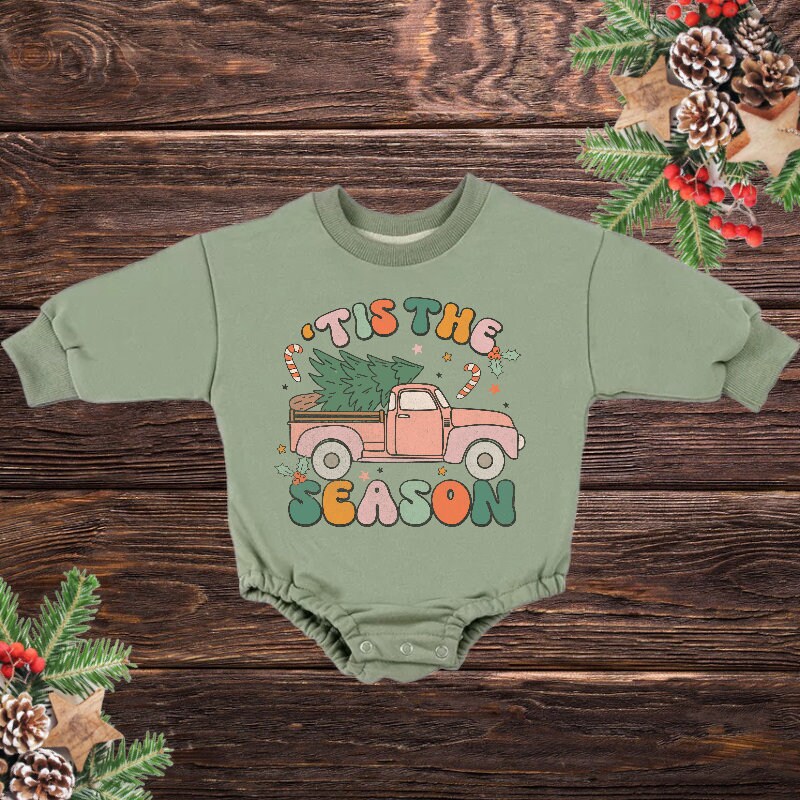 Tis The Season Retro Christmas Baby Oversized Sweatshirt Romper / baby boy / bodysuit / onesie / baby clothes / baby crew / baby girl gift