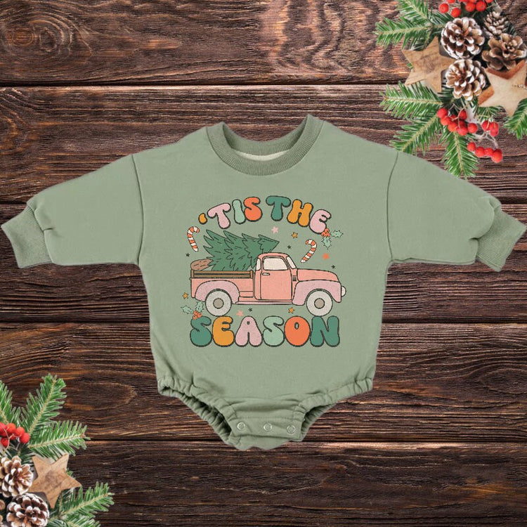 Tis The Season Retro Christmas Baby Oversized Sweatshirt Romper / baby boy / bodysuit / onesie / baby clothes / baby crew / baby girl gift