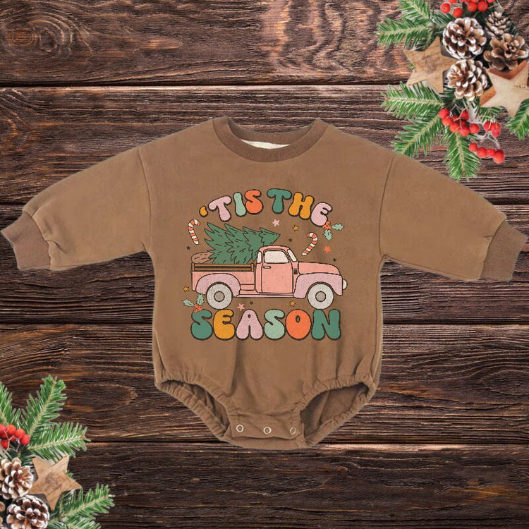 Tis The Season Retro Christmas Baby Oversized Sweatshirt Romper / baby boy / bodysuit / onesie / baby clothes / baby crew / baby girl gift