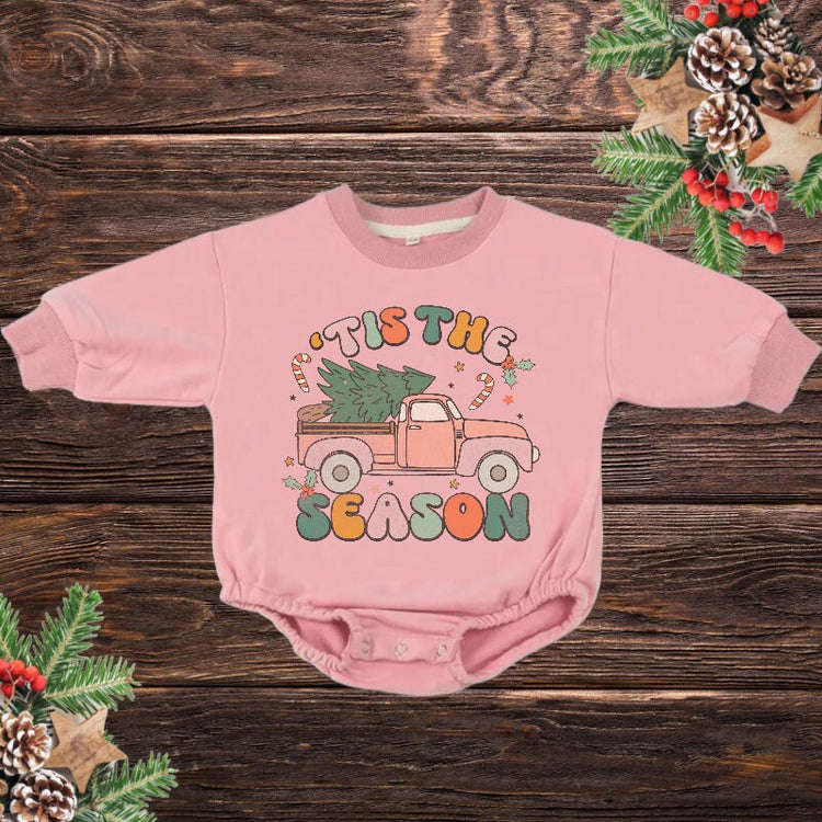 Tis The Season Retro Christmas Baby Oversized Sweatshirt Romper / baby boy / bodysuit / onesie / baby clothes / baby crew / baby girl gift