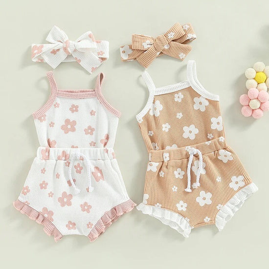 Baby Girl Summer Clothes Sets | Cotton Newborn Girl Outfit | Ribbed Ruffle Sleeveless Rompers+Shorts+Headband | Beach Outfits Sets