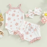 Baby Girl Summer Clothes Sets | Cotton Newborn Girl Outfit | Ribbed Ruffle Sleeveless Rompers+Shorts+Headband | Beach Outfits Sets