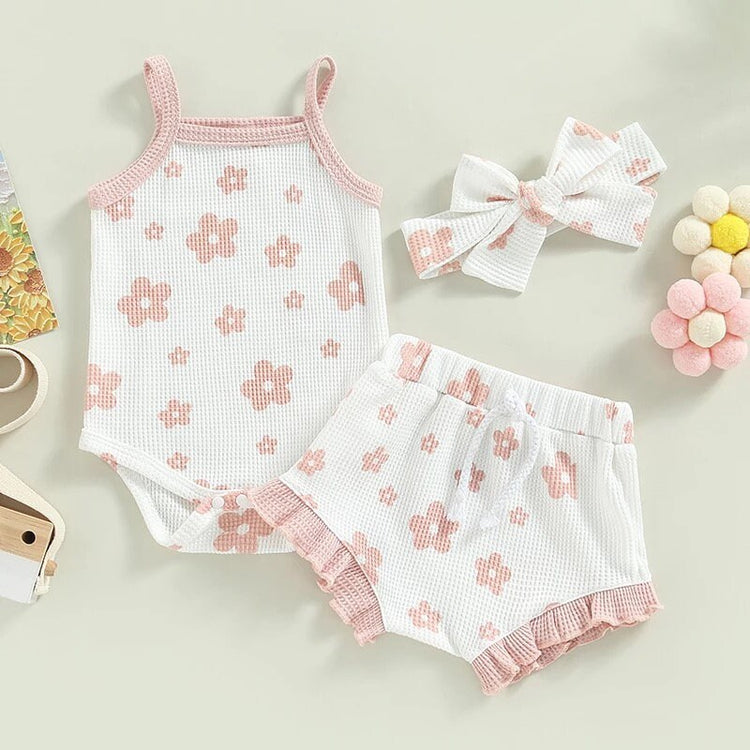Baby Girl Summer Clothes Sets | Cotton Newborn Girl Outfit | Ribbed Ruffle Sleeveless Rompers+Shorts+Headband | Beach Outfits Sets