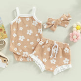 Baby Girl Summer Clothes Sets | Cotton Newborn Girl Outfit | Ribbed Ruffle Sleeveless Rompers+Shorts+Headband | Beach Outfits Sets
